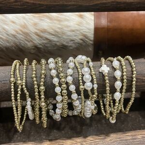 🌟15 Elegant Gold and White Beaded Bracelet Set with cross ( compare to e newton)
